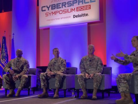Panelists discuss cyber training for the Air Force during a panel at the Rocky Mountain Cyberspace Symposium 2022.