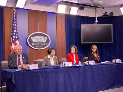 (l-r) Secretary of the Air Force Frank Kendall; Undersecretary of Defense for Research and Engineering Heidi Shyu; Chief Scientist of the United States Air Force Victoria Coleman; and Deputy Director Tawanda Rooney, Office of Concepts, Development and Management in the Department of the Air Force announce the Tactical Autonomy program from the Pentagon press room on June 27.