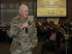 “We need to think like an operator,” Lt. Gen. John Morrison, G-6 and deputy chief of staff, U.S. Army, told Signal soldiers, speaking at the TechNet Augusta conference. Signaleers need to understand threat-informed intelligence. “As we bring our core communications competencies, we have to do it in operational terms that a maneuver commander can understand.” Credit: Michael Carpenter