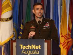 Maj. Gen. Paul Stanton, USA, commanding general, U.S. Army Cyber Center of Excellence and commanding general, Fort Gordon, addresses the audience at TechNet Augusta. Credit: Michael Carpenter