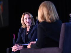 Kathleen Hicks, deputy secretary of defense (l), discusses deterrence strategy with Letitia Long, INSA chair of the board, during the Intelligence and National Security Summit. Credit: Herman Farrer