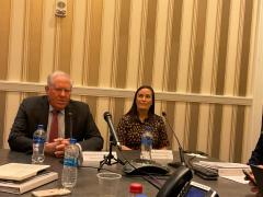 Secretary of the Air Force Frank Kendall speaks with media representatives, along with the service's undersecretary, Gina Ortiz Jones, on September 19.
