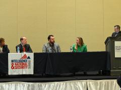 Panelists Debora Plunkett, Glenn Gerstell, Geoff Hale and Grace Hoyt discuss risks for elections in the United States at AFCEA’s Intelligence and National Security Summit. The panel was moderated by Jeffrey Seldin. Photo By: Herman Farrer.