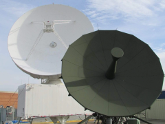 Two terminal dishes assist Army space soldiers of Alpha Company, 53rd Signal Battalion (SATCON) at the Wideband Satellite Communications Operations Center, Fort Detrick, Maryland. This facility provides Alpha Company controllers increased capabilities to control the communications payloads and communications transmissions of the Defense Satellite Communication System and Wideband Global Satellite (WGS) constellations. Credit: U.S. Army Garrison - Fort Detrick