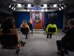 Secretary of Defense Lloyd J. Austin III briefs the press from the Pentagon Briefing Room, Washington, D.C. (DoD Photo by U.S. Air Force Staff Sgt. Jack Sanders)