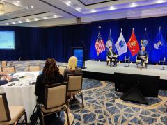 Panelists Brian Laird and Ross Monta speak at the AFCEA North Virginia Chapter Navy IT Day. Credit: Diego Laje