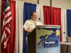 Rear Adm. Tom Henderschedt, USN, director for Intelligence, U.S. Indo-Pacific Command, J2, speaks at AFCEA TechNet Indo-Pacific.