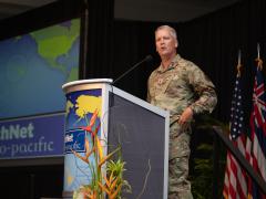 Lt. Gen. James A. Jacobson, USAF, Deputy Commander, U.S. Pacific Air Forces (PACAF), reviews PACAF's priorities to attendees at AFCEA TechNet IndoPacific. Photo By Tony Grillo
