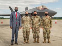 Michigan Lt. Gov. Garlin Gilchrist (l), joins Maj. Gen. Paul Rogers, adjutant general and director of Michigan's Department of Military and Veterans Affairs, Brig. Gen. Bryan Teff, assistant adjutant general for the Michigan Air National Guard, and Brig. Gen. Rolf Mammen, 127th Wing commander, during the 2020 unveiling of the Kelly Johnson Joint All-Domain Innovation Center at Selfridge Air National Guard Base. Since then, the center has sought to host innovative programs. Credit: MSG Scott Thompson