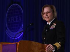 Vice Adm. Kelly Aeschbach, USN, commander, Naval Information Forces, addresses the crowd at WEST 2023 in San Diego. Credit: Michael Carpenter