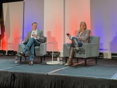Department of the Navy CIO Aaron Weis and Department of the Air Force CIO Lauren Kanusenberger, speak at the AFCEA Rocky Mountain Cyberspace Symposium on February 22.