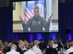 Adm. Sam Paparo, commander of the U.S. Pacific Fleet, speaks to the audience at WEST 2023 via videoconference. Credit: Michael Carpenter