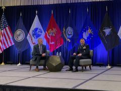 U.S. Space Force Col. Joseph Wingo, USSF, chief, Cyber and Spectrum Operations, along with moderator Mike Monson, president, Definitive Logic, present at the AFCEA NOVA Chapter’s Space Force Industry Information Technology Day on March 21.