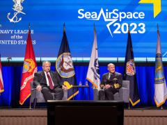 Secretary of the Navy Carlos Del Toro and Chief of Naval Operations Adm. Mike Gilday speak during the 2023 Sea-Air-Space Exposition at the Gaylord National Resort and Convention Center on Tuesday. Photo: Specialist 1st Class Michael B. Zingaro, U.S. Navy.