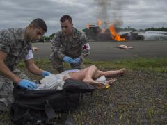 Medical technicians tend to simulated injured personnel after a mock aircraft crash at Misawa Air Base, Japan, in 2017. Credit: Staff Sgt. Deana Heitzman, U.S. Air Force