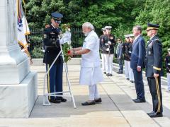 Indian Prime Minister Narendra Modi lays a wreath at Arlington Cemetery during a 2016 visit to the United States. The U.S. Department of Defense is seeking greater ties with the country amid complex geopolitics and India's ties to Russia and China. Credit: DoD photo by U.S. Army Sgt. First Class Clydell Kinchen