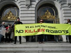 Activists rallied at the San Francisco city hall opposing the use of armed police robots. Credit: Phil Pasquini/Shutterstock