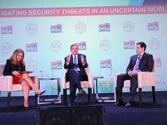 Letitia Long, former director of the National Geospatial-Intelligence Agency, moderates the “View from the Hill” plenary with Sen. Mark Warner (D-VA) (c) and Sen. Marco Rubio (R-FL), chair and vice chair of the U.S. Senate Select Committee on Intelligence, respectively, at the Intelligence and National Security Summit. Credit: Herman Farrer Photography