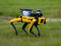 Autonomous-legged robot is tested at an exercise in Fort Moore, Georgia. Credit: Alexander Gago.