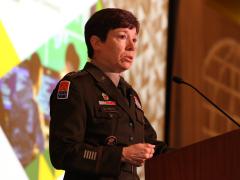 Lt. Gen. Maria Barrett, commanding general, U.S. Army Cyber Command, speaks during the final day of TechNet Augusta 2023.