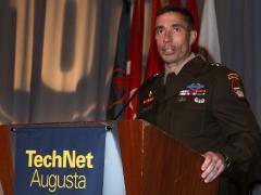 Maj. Gen. Paul Stanton, commander of the Army’s Cyber Center of Excellence, addresses the audience during AFCEA’s TechNet Augusta 2023.