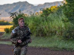 A soldier from U.S. Army Pacific performs a 5-kilometer run during Jungle School at Schofield Barracks, Hawaii, on October 17, 2023. Soldiers are conducting jungle mobility training, waterborne operations, combat tracking, jungle tactics, survival training and situational awareness exercises to become familiar with operations in the jungle or other difficult, contested environments. Soldiers will need reliable radio communications. Credit: U.S. Army photo by Spc. Mariah Aguilar