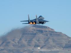 An F-15E Strike Eagle assigned to the 366th Fighter Wing, Mountain Home Air Force Base, Idaho, takes off from Nellis AFB, Nevada, on October 19, 2023. The Air Force is advancing on its battle management command and control concept, expert says. Credit: U.S. Air Force photo by Senior Airman Jose Miguel T. Tamondong