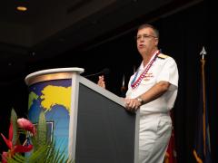 U.S. Pacific Fleet Rear Adm. Eric C. Ruttenberg delivers opening keynote speech at TechNet Indo Pacific 2023 in Honolulu, Hawaii. Credit: Artistic Mindz Photography