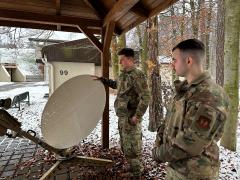 The 1st Air and Space Communications Operations Squadron's BlackNet provides a secure transport layer for a plethora of communications methods, including military satellite communications (SATCOM), commercial SATCOM, fiber optics, Ethernet, cellular and other communications, say Airmen First Class Tyler Pascuzzi (R), intelligence systems client technician and Senior Airmen Lucas Browning, intelligence systems network technician, who helped engineer the groundbreaking transport layer.