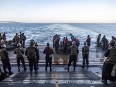 U.S. Navy sailors with the amphibious docking ship USS Green Bay (LPD 20) and U.S. Marines with the 31st Marine Expeditionary Unit participate in a reconnaissance and surveillance exercise off the coast of Okinawa, Japan. The 31st MEU is operating aboard ships of the America Amphibious Ready Group in the 7th fleet area of operations to enhance interoperability with partners and serve as a ready response force to defend peace and stability in the Indo-Pacific region. USMC photo by Cpl. Christopher Lape