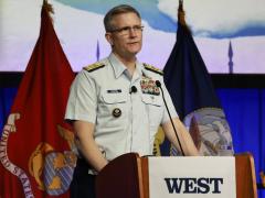 Vice Adm. Peter Gaultier, deputy commandant for operations at the U.S. Coast Guard, delivers a keynote address at WEST 2024. Credit: Michael Carpenter/Jesse Karras