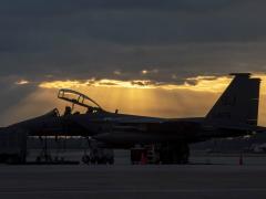 An F-15E Strike Eagle sits on the flight line at Seymour Johnson Air Force Base, North Carolina, in February 2021. The Air Force needs AI and automation tools to help predict demand for low-rate fail parts that are crucial to sustaining F-15 operations. U.S. Air Force photo by Airman 1st Class Kylie Barrow