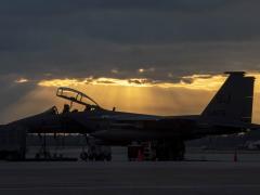 An F-15E Strike Eagle sits on the flight line at Seymour Johnson Air Force Base, North Carolina, in February 2021. The Air Force needs AI and automation tools to help predict demand for low-rate fail parts that are crucial to sustaining F-15 operations.  U.S. Air Force photo by Airman 1st Class Kylie Barrow