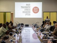 A U.S. Army chaplain addresses PTSD before the Zambian Defence Force. Lt. Col. Farid Awad presented a workshop to enhance spiritual readiness for military personnel. Photo credit: Spc. Ebony Neal, U.S. Army.