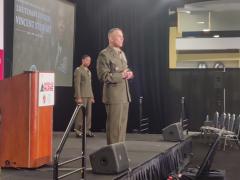 Lt. Gen. Matthew Glavy and Maj. Gen. Lorna Mahlock address the audience at Modern Day Marine 2024. Photo credit: Diego Laje, SIGNAL.