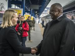 Secretary of Defense Lloyd Austin was greeted by U.S. Ambassador to Ukraine Bridget Brink during his visit to Kyiv in November 2023. Credit: Chad J. McNeeley, DoD