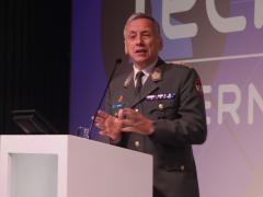 Col. Christian Wagner, head of division, Policy and Requirements, European External Action Service, speaks at TechNet International 2024 in Brussels.