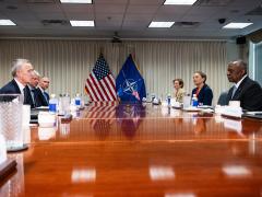 NATO Secretary General Jens Stoltenberg meets with U.S. Secretary of Defense Lloyd J. Austin during NATO Summit 2024. Photo courtesy of NATO.