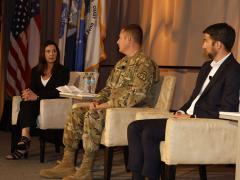 Jennifer Swanson, deputy assistant secretary of the Army for Data, Engineering and Software, ASA (ALT) (l-r); Col. Chris Anderson, USA, Intelligence Systems and Analytics, Program Executive Office – Intelligence, Electronic Warfare and Sensors; and Dan Snyder, senior director and analyst at Gartner, speak at AFCEA International’s TechNet Augusta Conference in Augusta, Georgia.