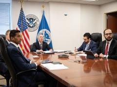 Homeland Security Secretary Alejandro Mayorkas attends an AI Safety and Security Advisory Board meeting virtually in San Francisco. Credit: DHS photo by Sydney Phoenix/Released