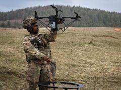 U.S. Army’s Sgt. Panzia Lawson, operates a drone at the Hohenfels Training Area, Joint Multinational Readiness Center in Germany.