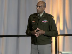 Gen. Gary Brito, commanding general, U.S. Training and Doctrine Command, delivers his presentation at TechNet Augusta 2024.