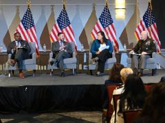 Ricky Freeman, David Gauthier, Kari Bingen and Maj. Gen. Timothy Brown, USA, present on a panel during Tuesday’s Intelligence and National Security Summit, held in Bethesda, Maryland. Photo: Herman Farrer