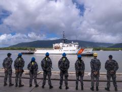 U.S. Coast Guard Cutter Harriet Lane (WMEC 903) crew members pull in slack on an aft mooring line to secure the cutter to a pier at HMAS Cairns, Queensland, Australia, March 7, 2024. The cutter is one part of the U.S. Department of Defense’s effort to help combat illicit maritime activities in the Indo-Pacific region.