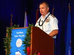Rear Adm. Sean Regan, USCG, speaks at AFCEA TechNet Indo-Pacific on Wednesday. Credit: Tony Grillo