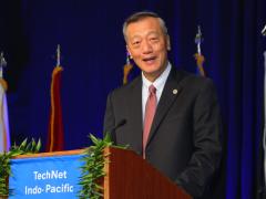 Richard Yu, director of the digital superiority directorate and chief information officer, U.S. Space Command, delivers his keynote speech at TechNet Indo-Pacific on October 24, 2024. Credit: Tony Grillo.