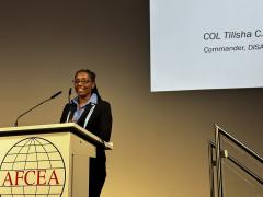Col. Tilisha Lockley, USA, commander of the Defense Information Systems Agency speaks December 5 at AFCEA’s TechNet Transatlantic conference in Frankfurt, Germany.