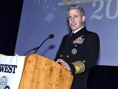 Adm. Stephen Koehler speaks at WEST 2025 on January 28, 2025, in San Diego. Credit: Michael Carpenter