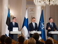 Prime Minister of Estonia Kristen Michal (l-r), President of Finland Alexander Stubb and NATO Secretary General Mark Rutte address the need for critical infrastructure security in the Baltic Sea during a joint press conference January 14, 2025.