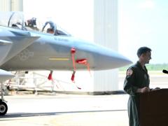 U.S. Air Force Lt. Col. Luke Marron, the new commander of the 23rd Electronic Warfare Squadron, which was reactivated on April 18, speaks at the reactivation ceremony that was held that day at Eglin Air Force Base, Florida, about the important mission of the squadron. Credit: U.S. Air Force photo by Capt. Benjamin Aronson